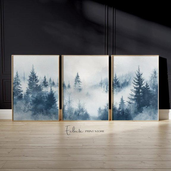 Set Of 3 Moody Winter Landscape Tryptich Forest Softness Wall Art Prints, Seasonal Living Room And Home Decor