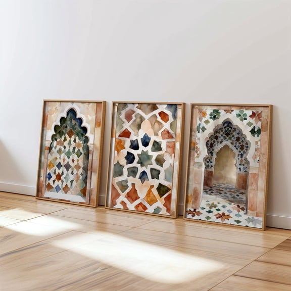 Set Of 3 Moroccan Tile Wall Art Prints, Mediterranean, Zellige, Boho Geometric Pattern, Bathroom And Gallery Wall Decor