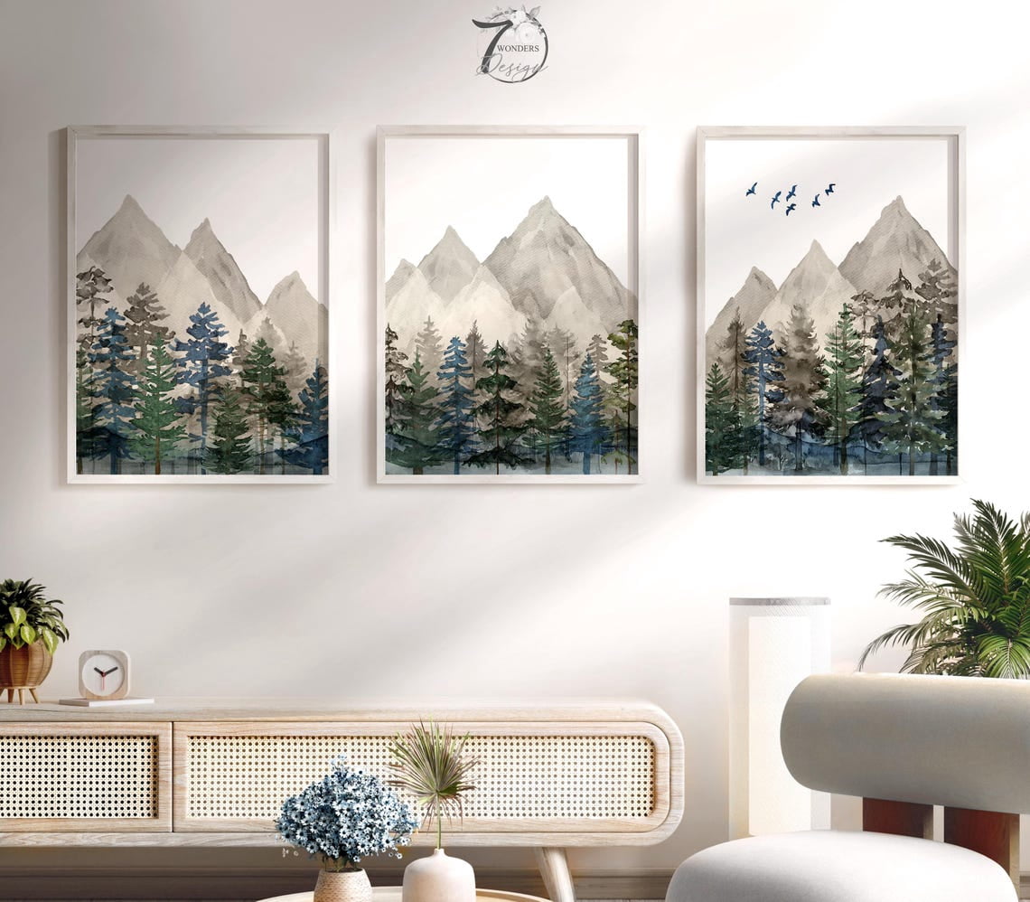 Set Of 3 Mountain Forest Woodland Adventure Neutral Blue Green ...