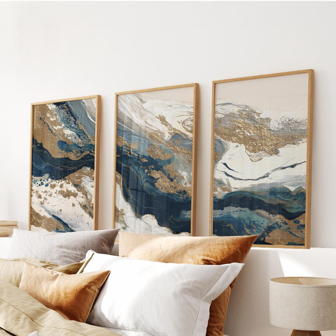Set Of 3 Navy Blue Modern Luxury Abstract Wall Art Prints, Beige Gold ...