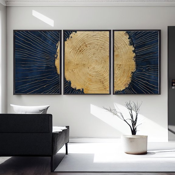 Set Of 3 Navy Gold Tree Slice Wall Art Prints, Abstract Living Room Decor
