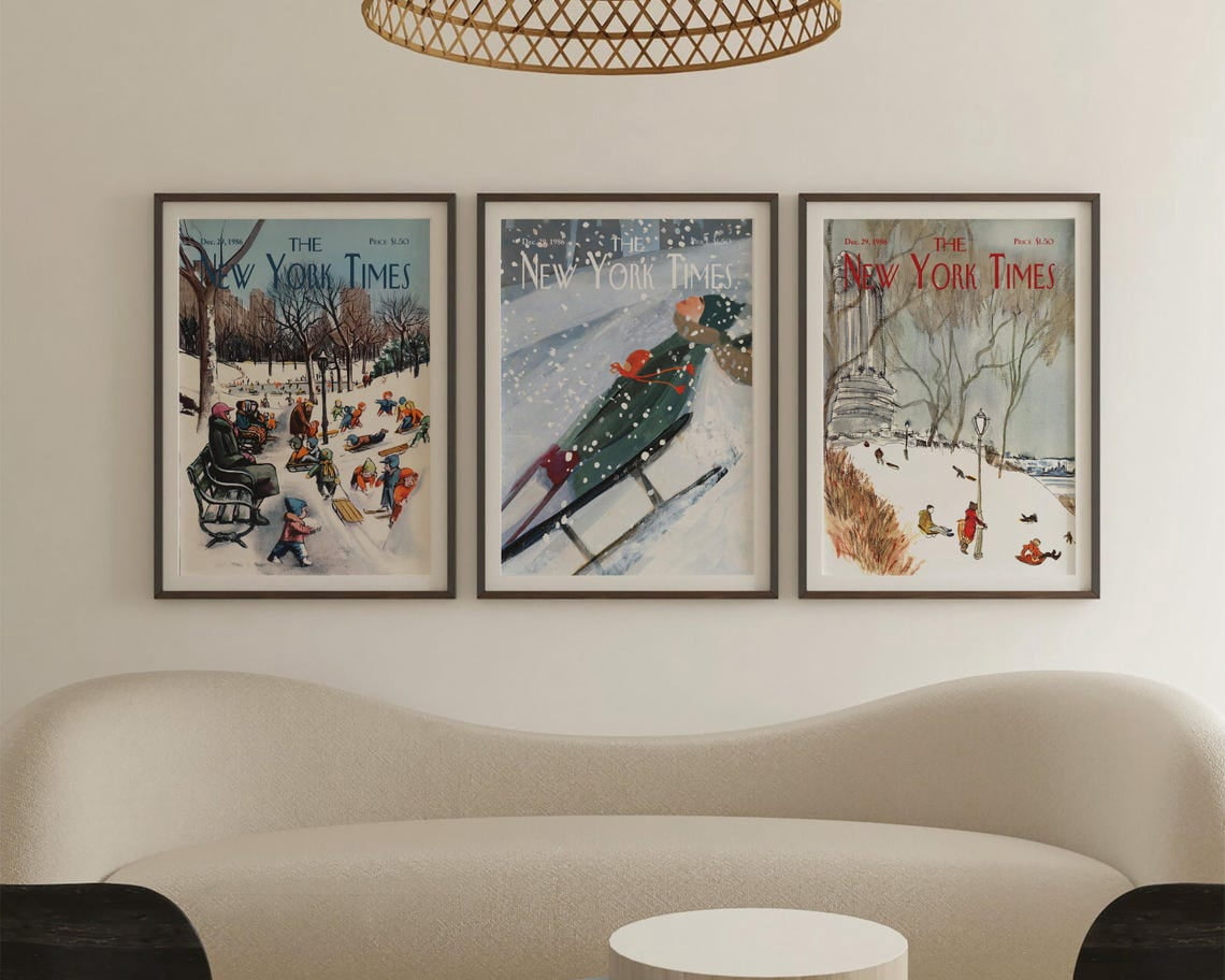 Set Of 3 New York Times Winter Wall Art Prints, Vintage Yorker Snow ...