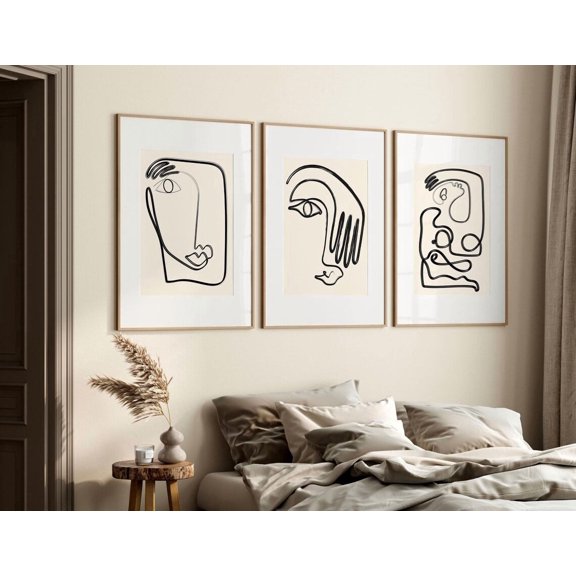 Set Of 3 One Line Faces Wall Art Prints, Black Minimal Abstract On Beige, Modern Neutral Triptych, Modern Living Room And Office Decor