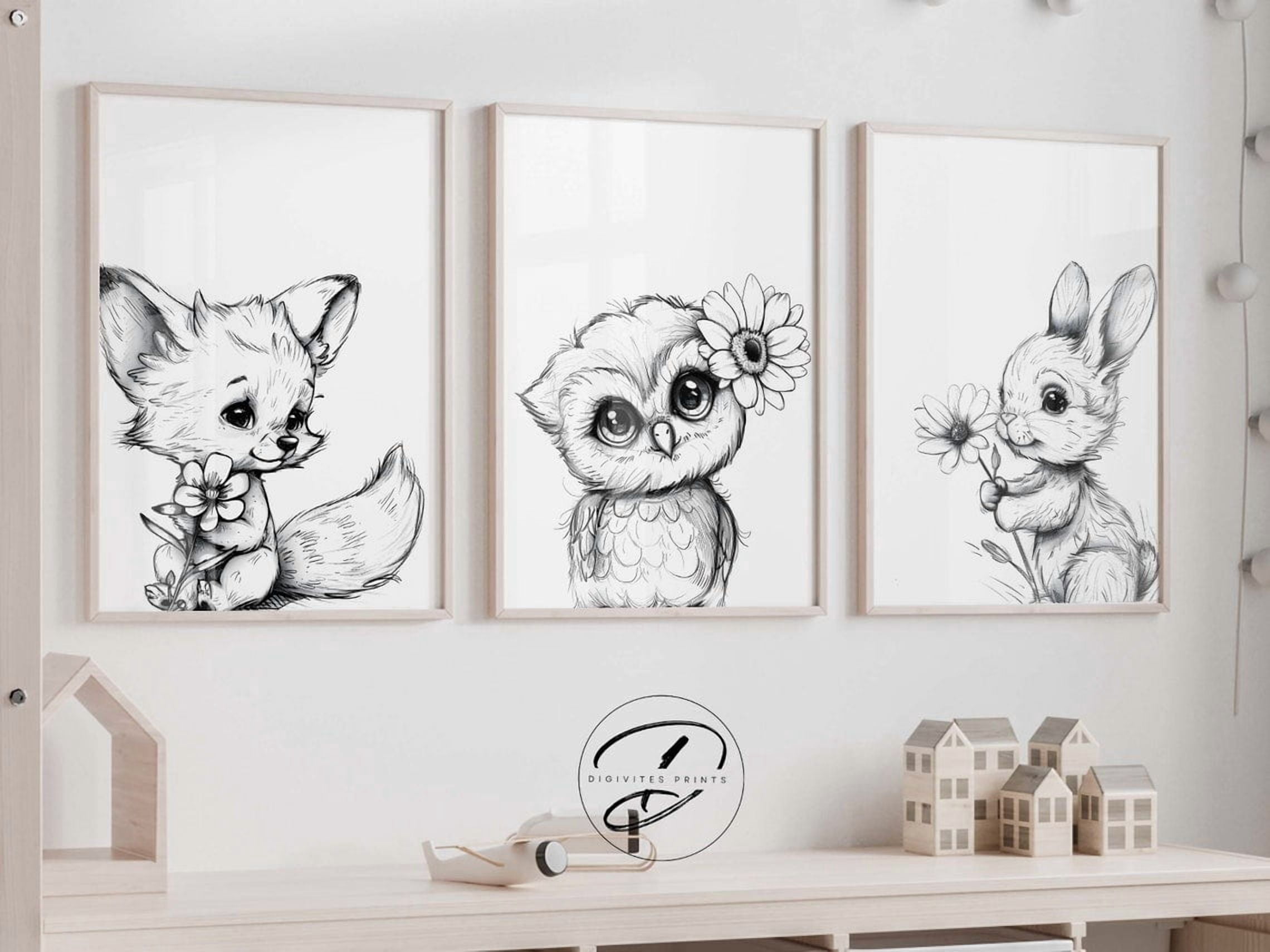 Set Of 3 Original Woodland Animal Nursery Wall Art Prints, Girl, Nature ...