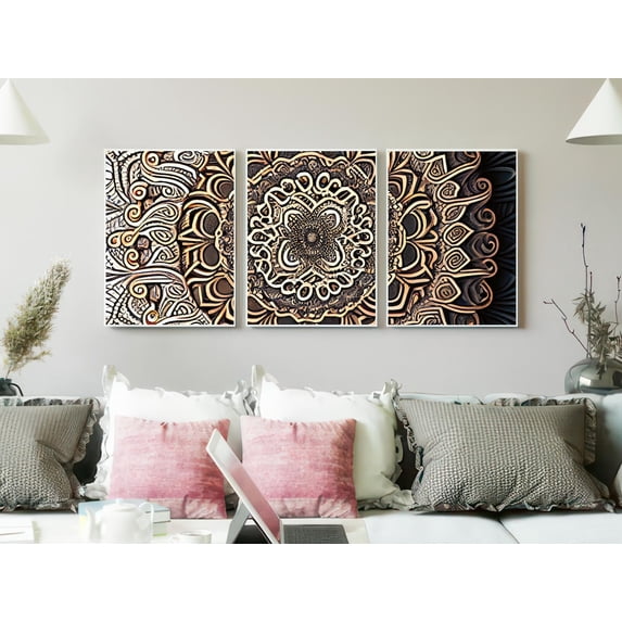 Set Of 3 Ornate Beige Bronze Mandala Tribal Floral Triptych Carved ...