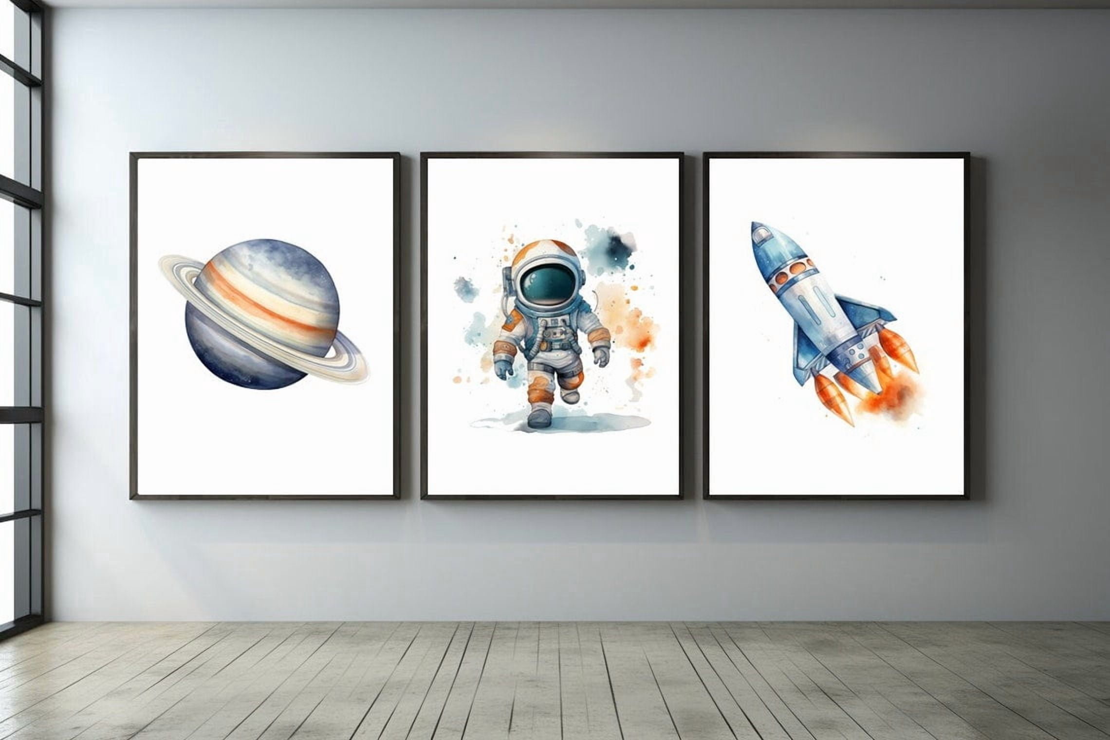Set Of 3 Outer Space Nursery Wall Art Prints, Astronaut Rocket Ship ...