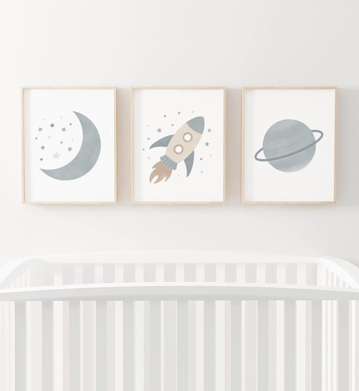 Set Of 3 Outer Space Wall Art Prints, Rocket Ship, Moon, Boys Room And ...