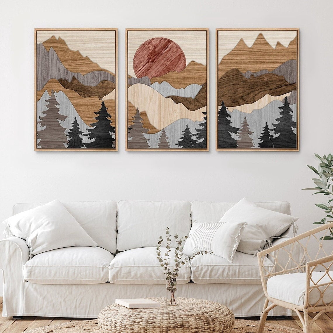 Set Of 3 Panel Brown Mountain Pine Tree Forest Landscape Rustic Modern ...