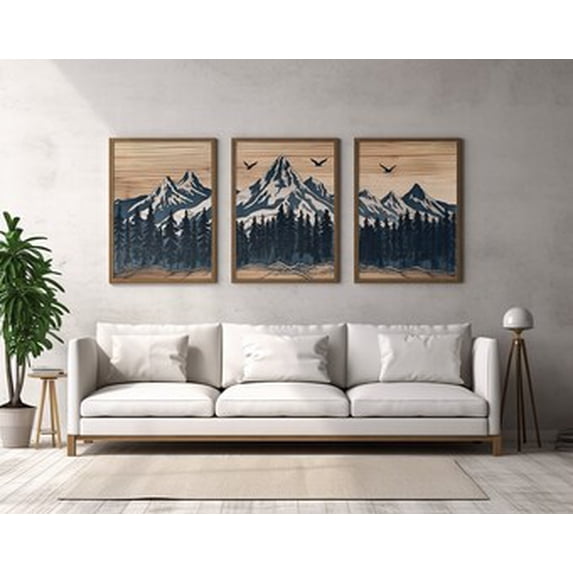 Set Of 3 Panel Effect Mountain Wall Art Prints, Cabin, Modern Rustic ...
