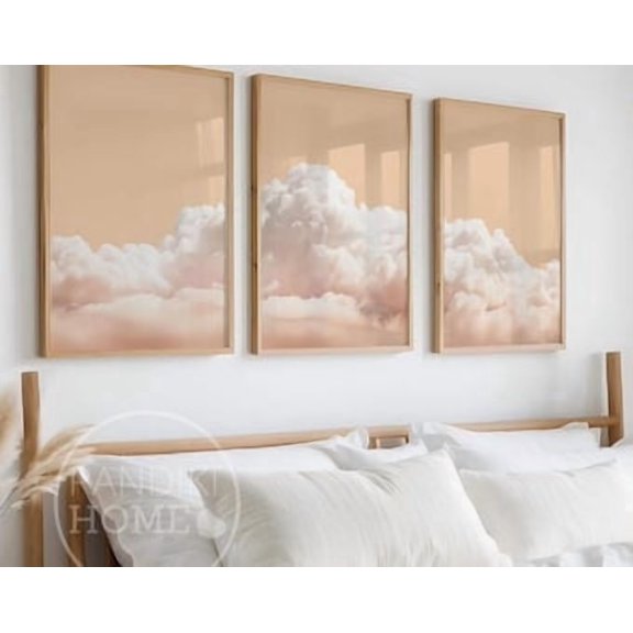 Set Of 3 Peach Clouds Wall Art Prints, White Pastel Sky Over The Bed, Vintage, Bedroom And Gallery Wall Decor