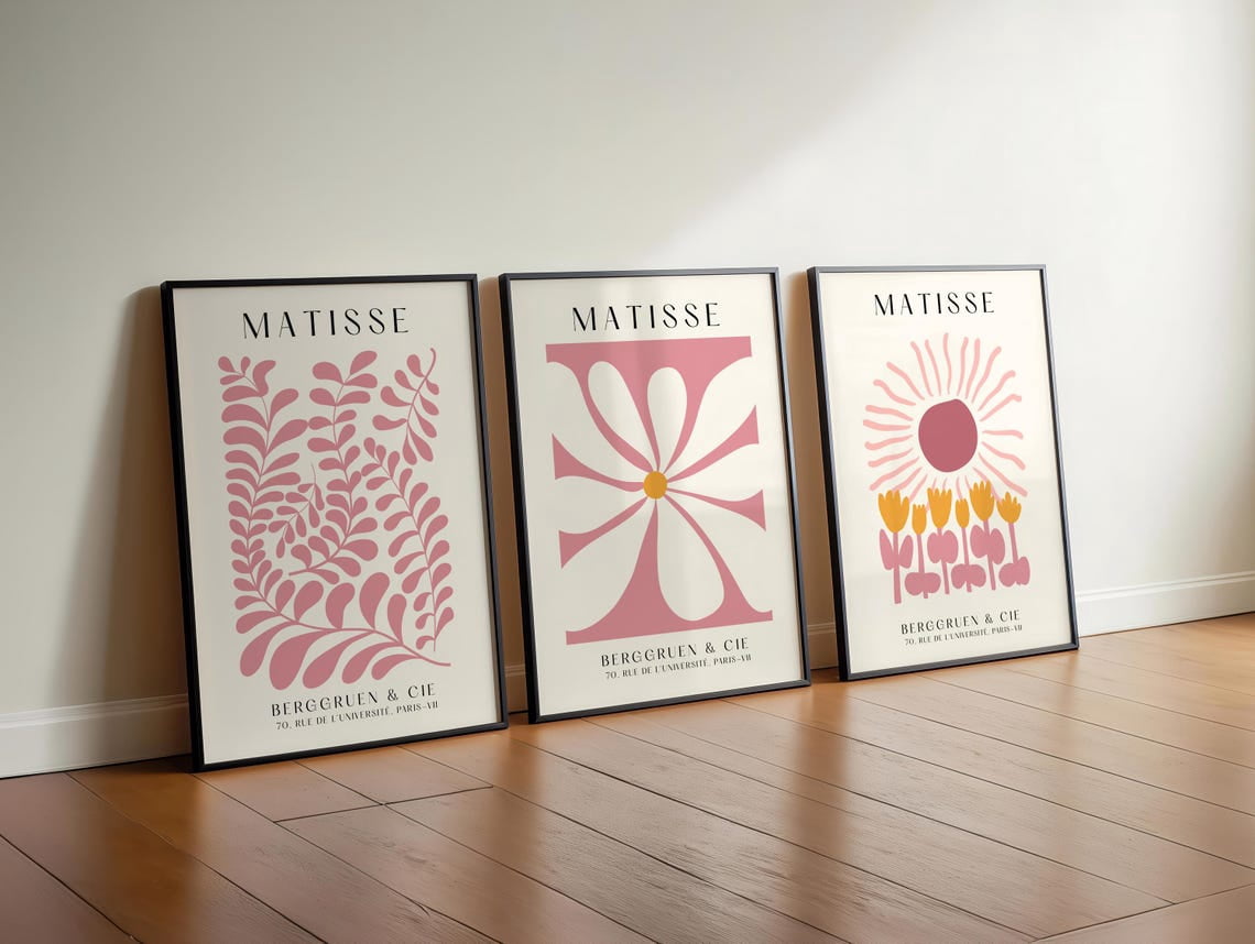 Set Of 3 Pink Abstract Botanical Wall Art Prints, Blush, Botanical ...