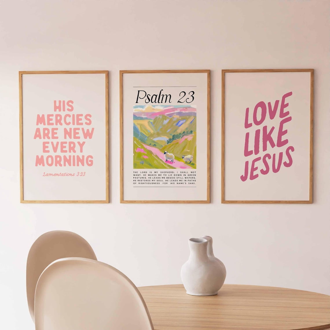 Set Of 3 Pink Christian Wall Art Prints, Love Like Jesus, His Mercies ...