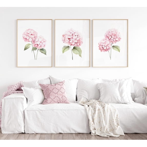 Set Of 3 Pink Hydrangea Flowers Wall Art Prints, Botanical Abstract ...