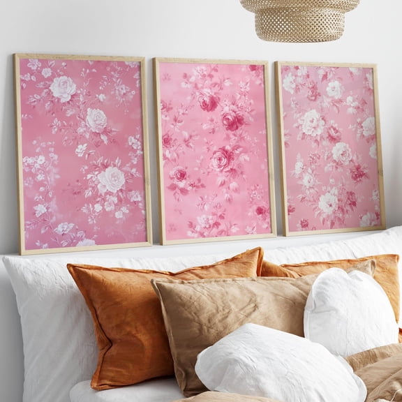 Set Of 3 Pink Vintage Floral Chinoiserie Wall Art Prints, Love Shack Fancy, Feminine White Aesthetic, Floral Home And Gallery Wall Decor
