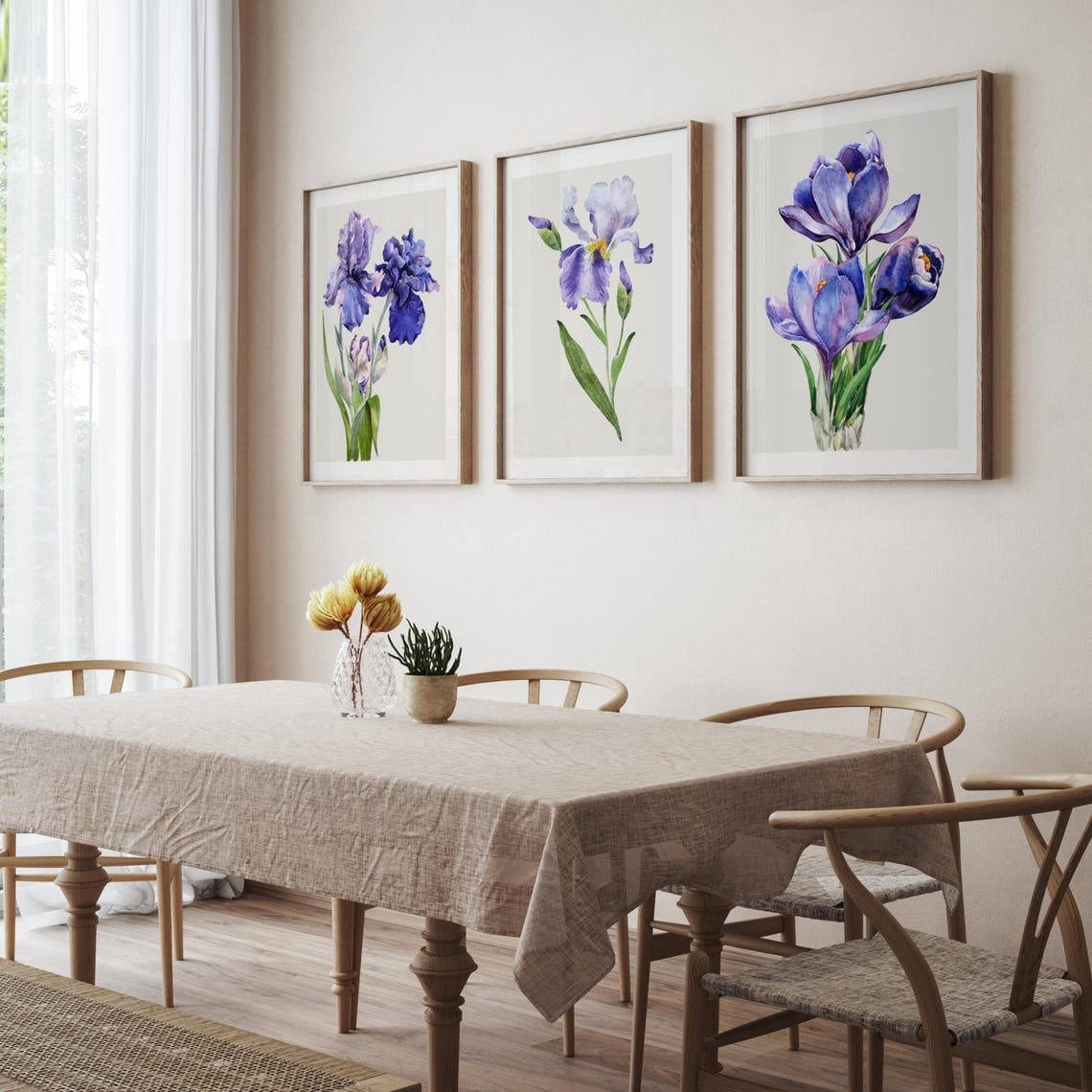 Set Of 3 Purple Floral Wall Art Prints, Botanical Flower Trio, Elegant ...