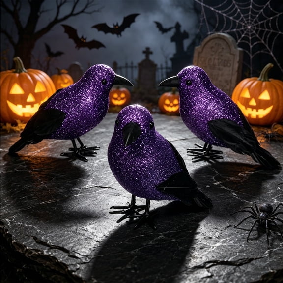 Set Of 3 Purple Sequined Crow Halloween Decorative Birds Realistic Feathers 6 Inches Each