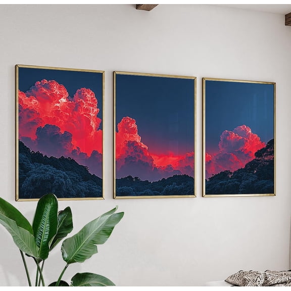Set Of 3 Red Sunset Cloud Posters, Dramatic Sky Landscape Wall Art