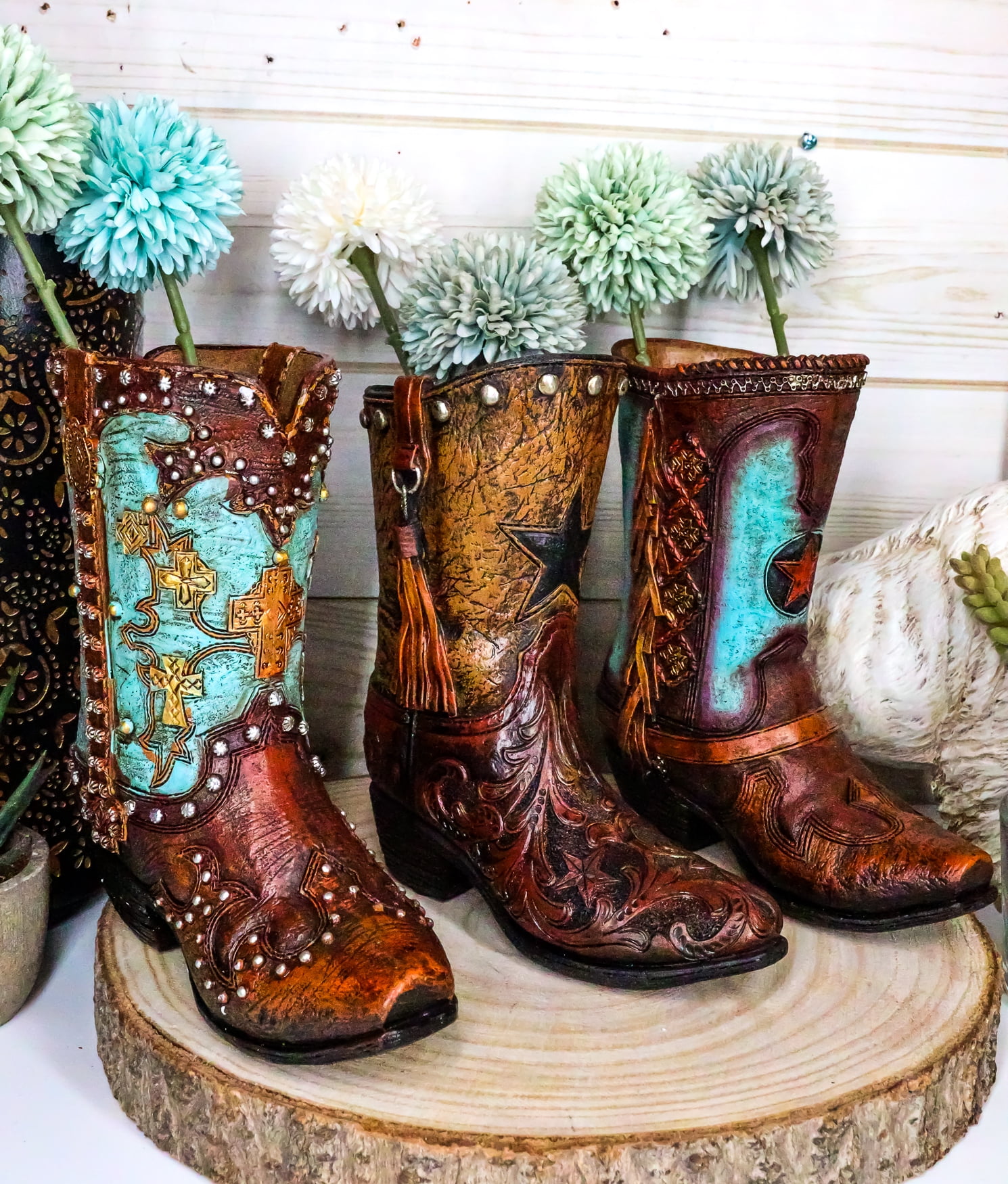 Rustic Boot Decor Set Of 3 Rustic Country Turquoise Cross Western Star And Frills Boot ...