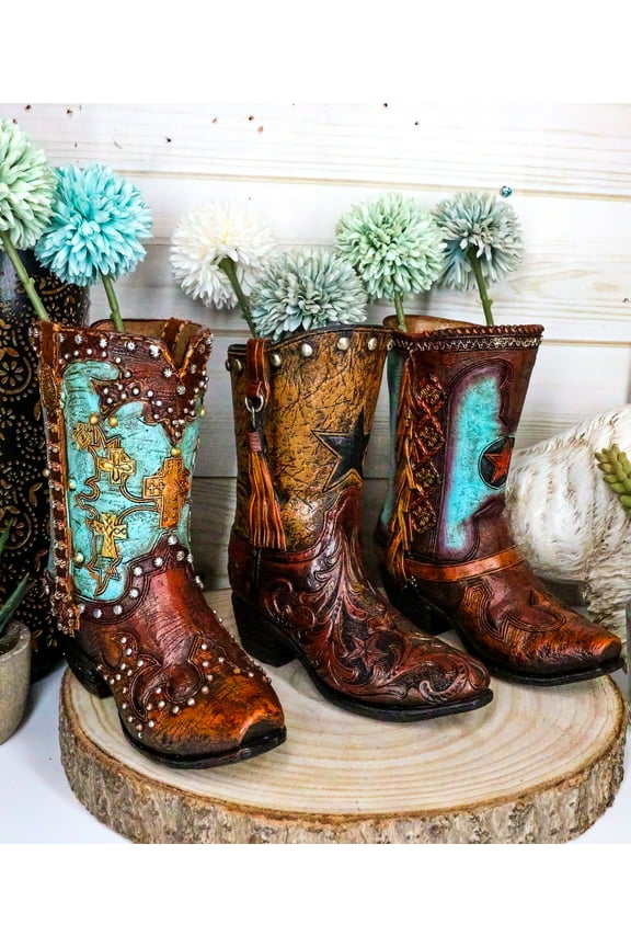 Set Of 3 Rustic Country Turquoise Cross Western Star And Frills Boot Vase Decors