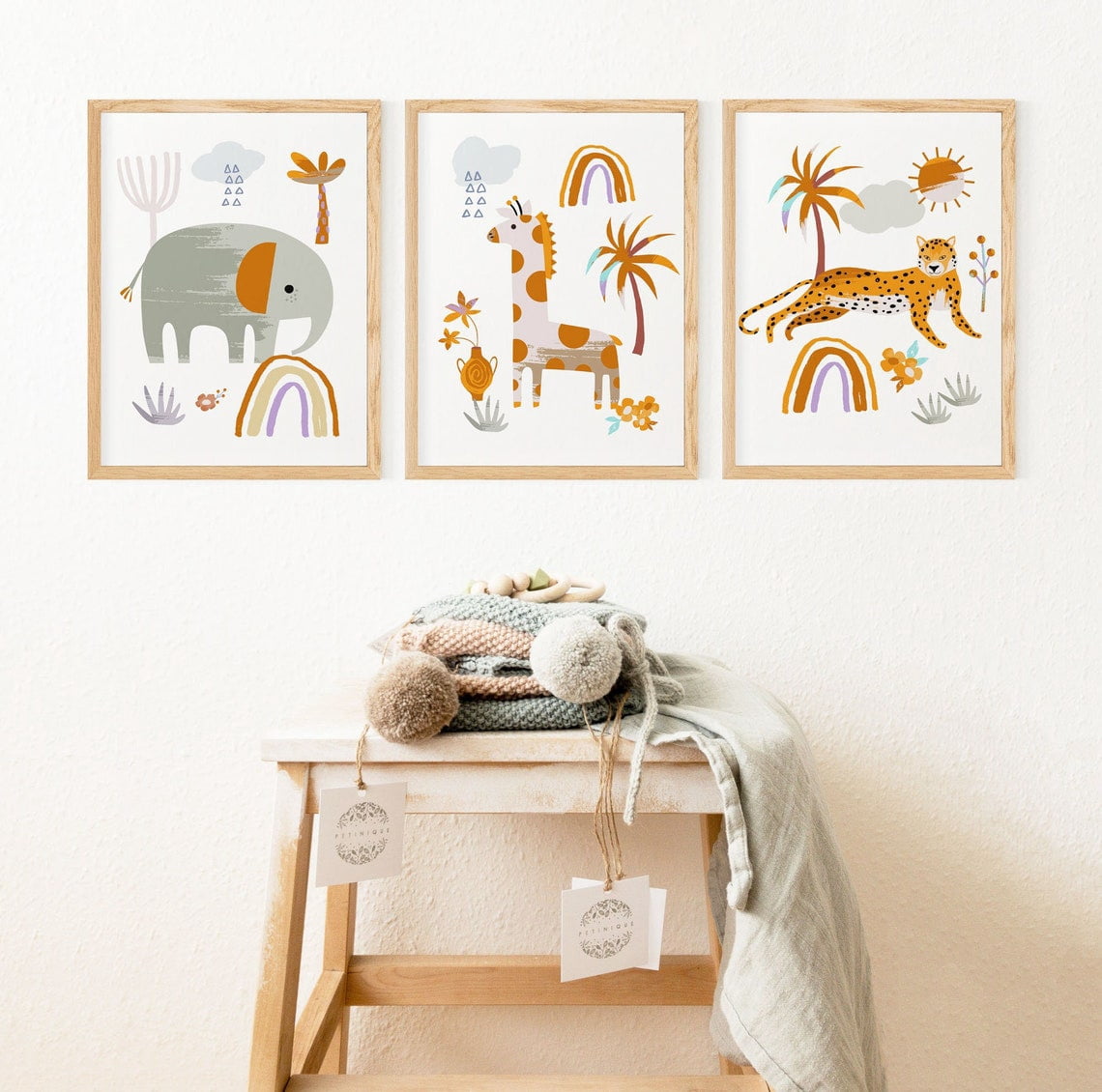 Set Of 3 Safari Baby Animal Boho Jungle Wall Art Prints, Nursery And ...
