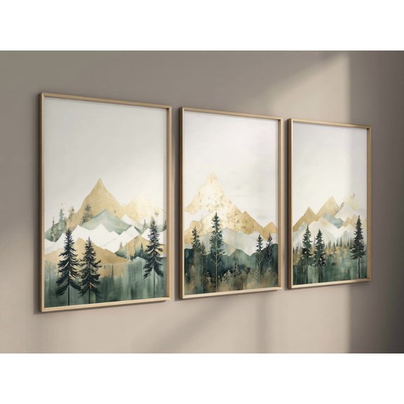 Set Of 3 Sage Green Gold Forest Wall Art Prints, Mountain Nursery Adventure Decor