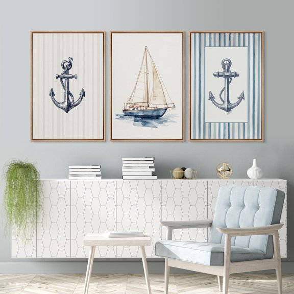 Set Of 3 Sailboat Anchor Wall Art Prints, Nautical, Blue Striped Coastal For Beach House Or Cape Cod Style, Ocean Inspired Living Room Decor