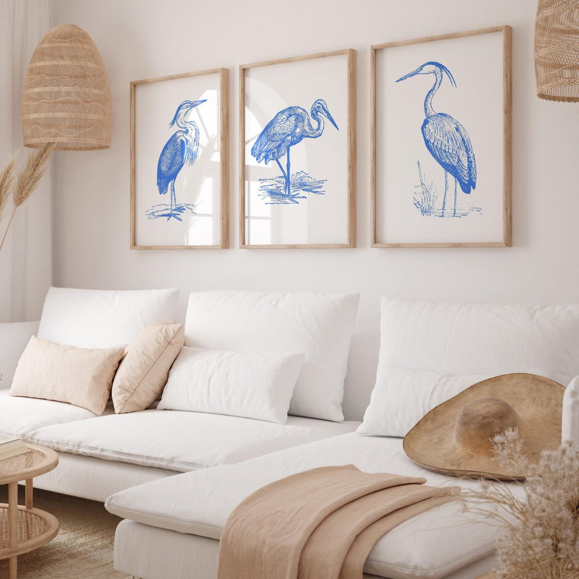 Set Of 3 Sea Animal Wall Art Prints, Heron, Navy Blue, Minimalist ...