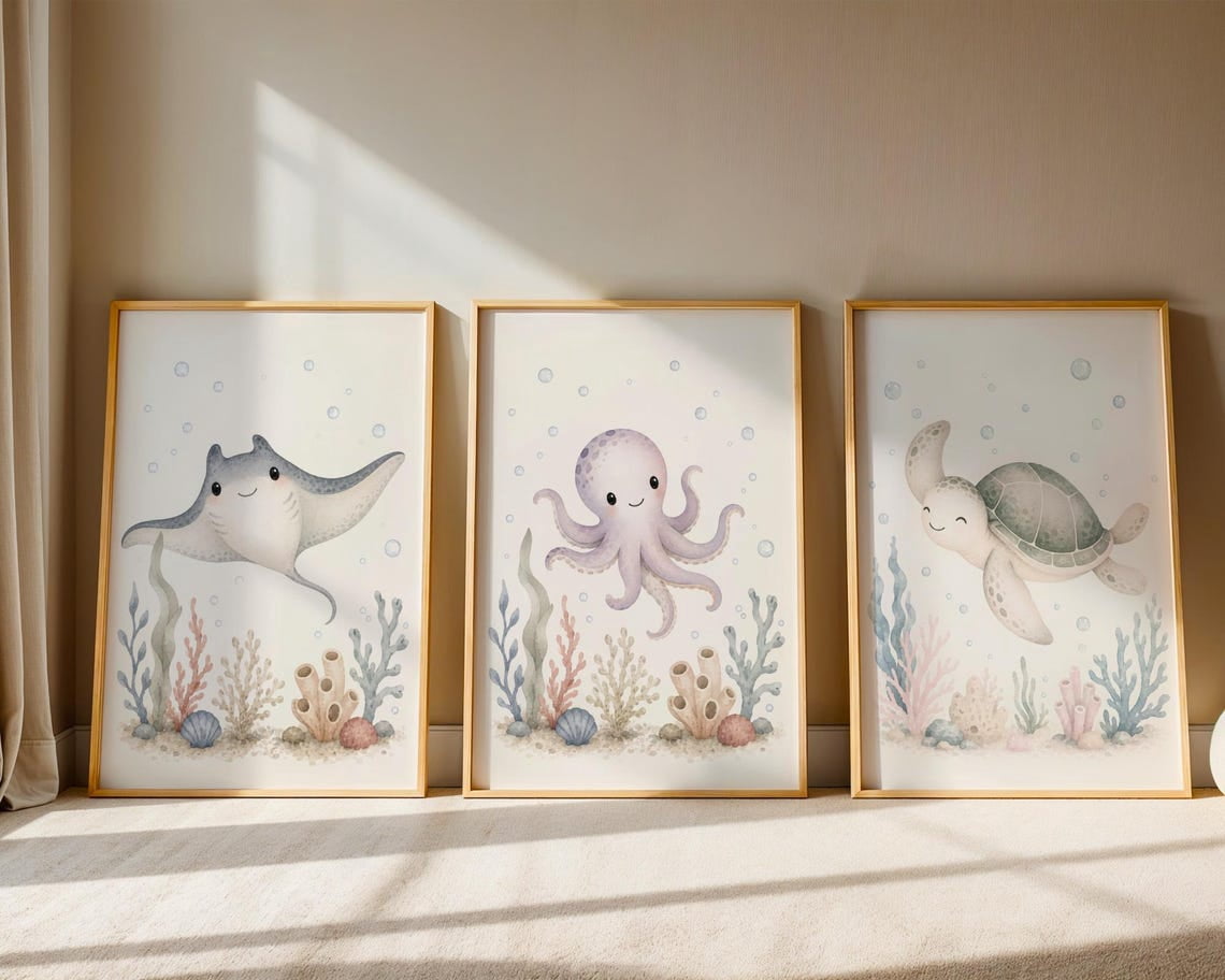 Set Of 3 Sea Animals Nursery Wall Art Prints, Turtles Octopus Stingray ...