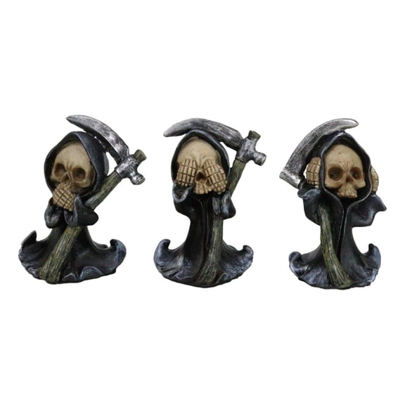 Set Of 3 See Speak And Hear No Evil Grim Reaper Skeleton With Scythe Figurines