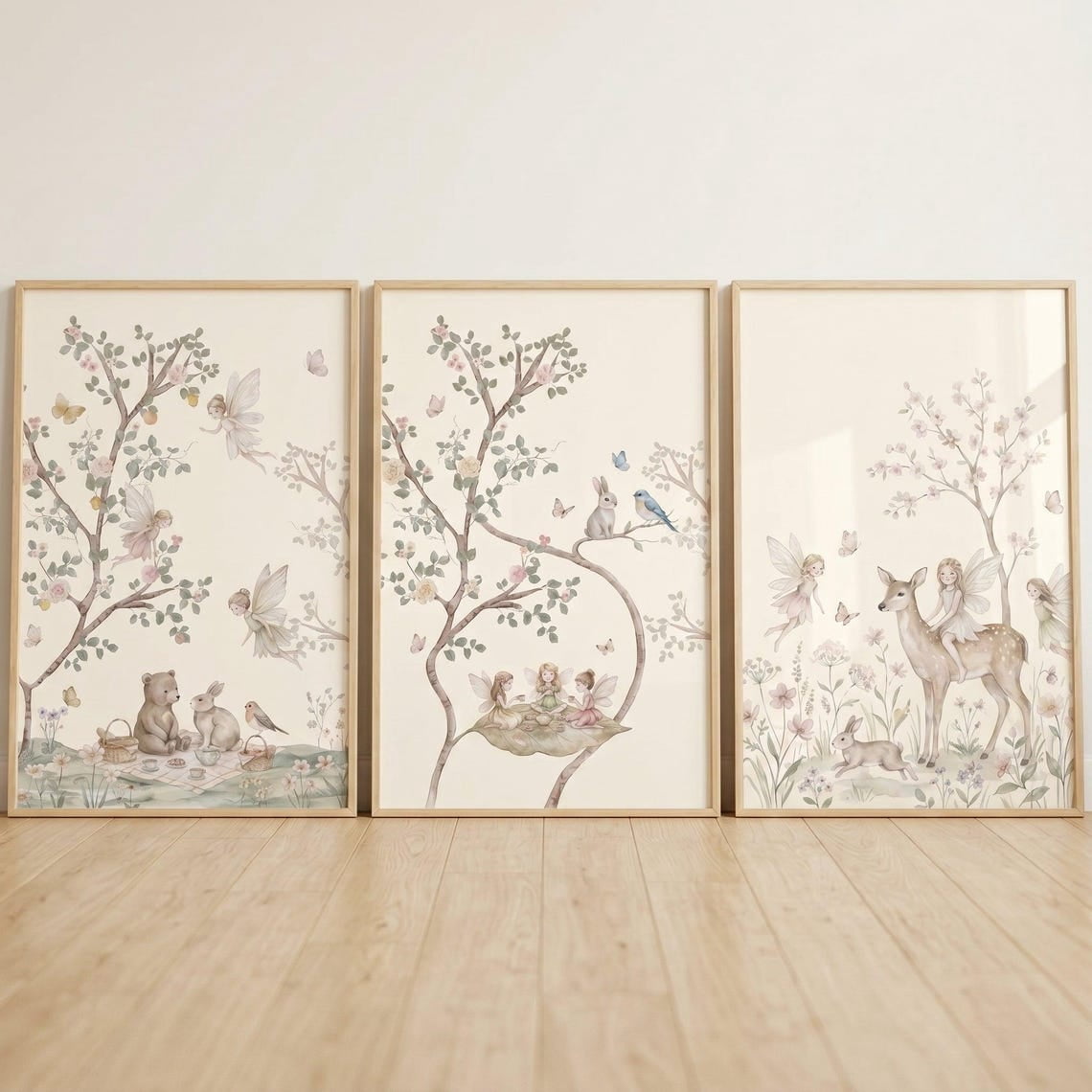 Set Of 3 Soft Blush Enchanted Fairies Nursery Wall Art Prints, Woodland ...