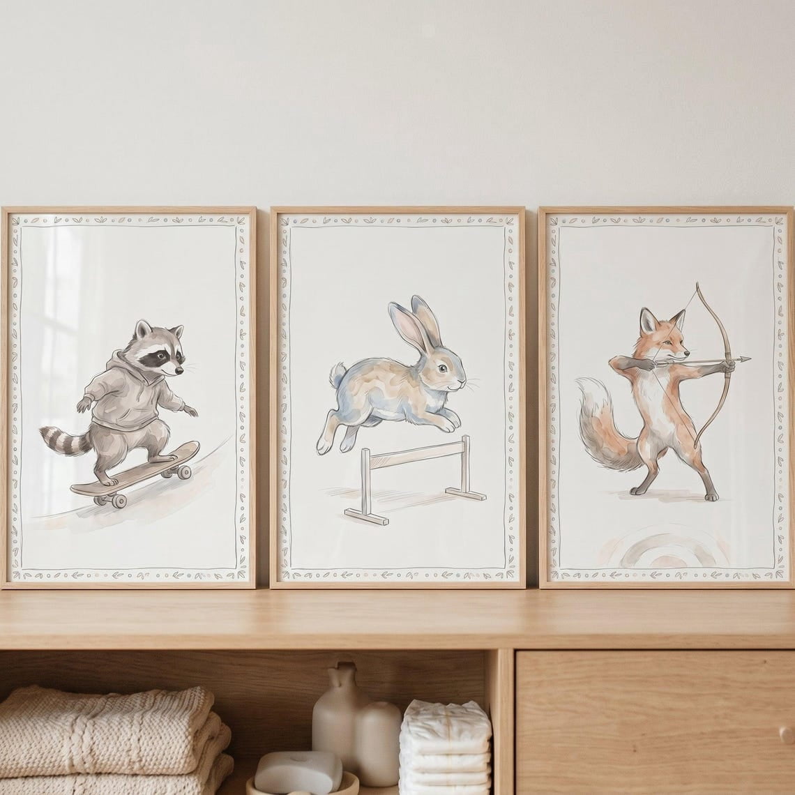 Set Of 3 Soft Neutral Athletic Animals Nursery Wall Art Prints ...