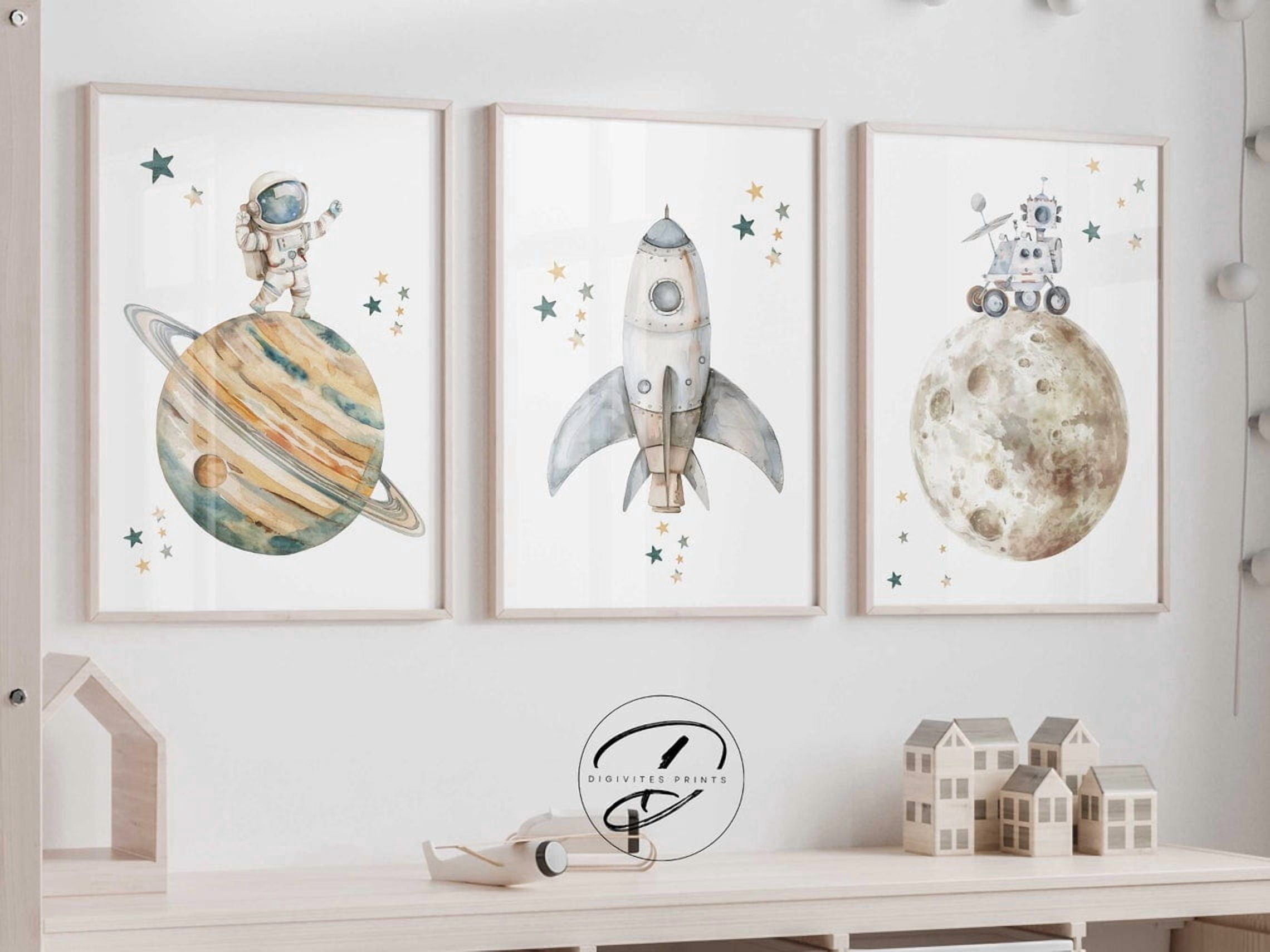 Set Of 3 Space Wall Art Prints, Astronaut, Rocket Ship, Planet, Boys ...