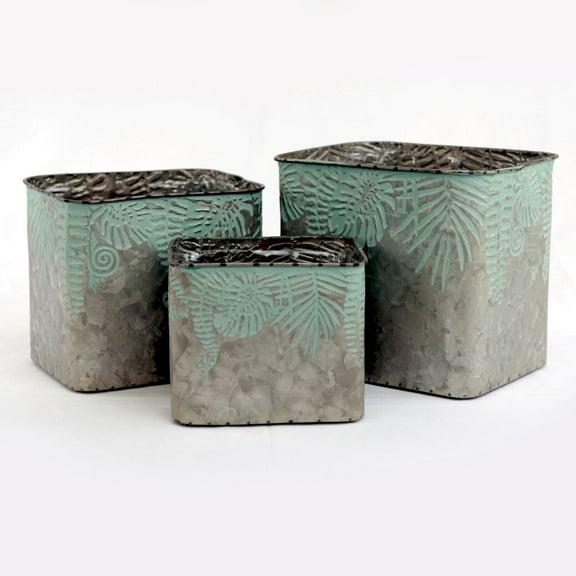 Set Of 3 Square Antique Copper And Verdigris Leaves Pattern Planters