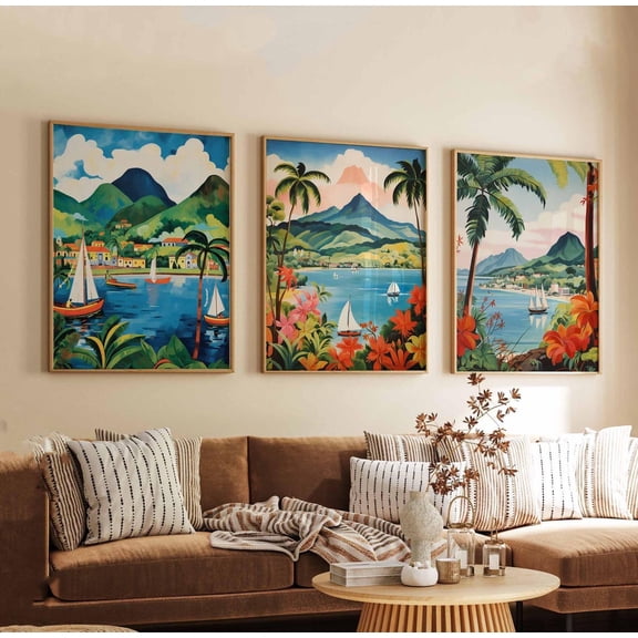 Set Of 3 St Lucia Wall Art Prints, Caribbean Harbour Travel, Piton Mountains, Tropical, Island, Travel Inspired Home And Office Decor