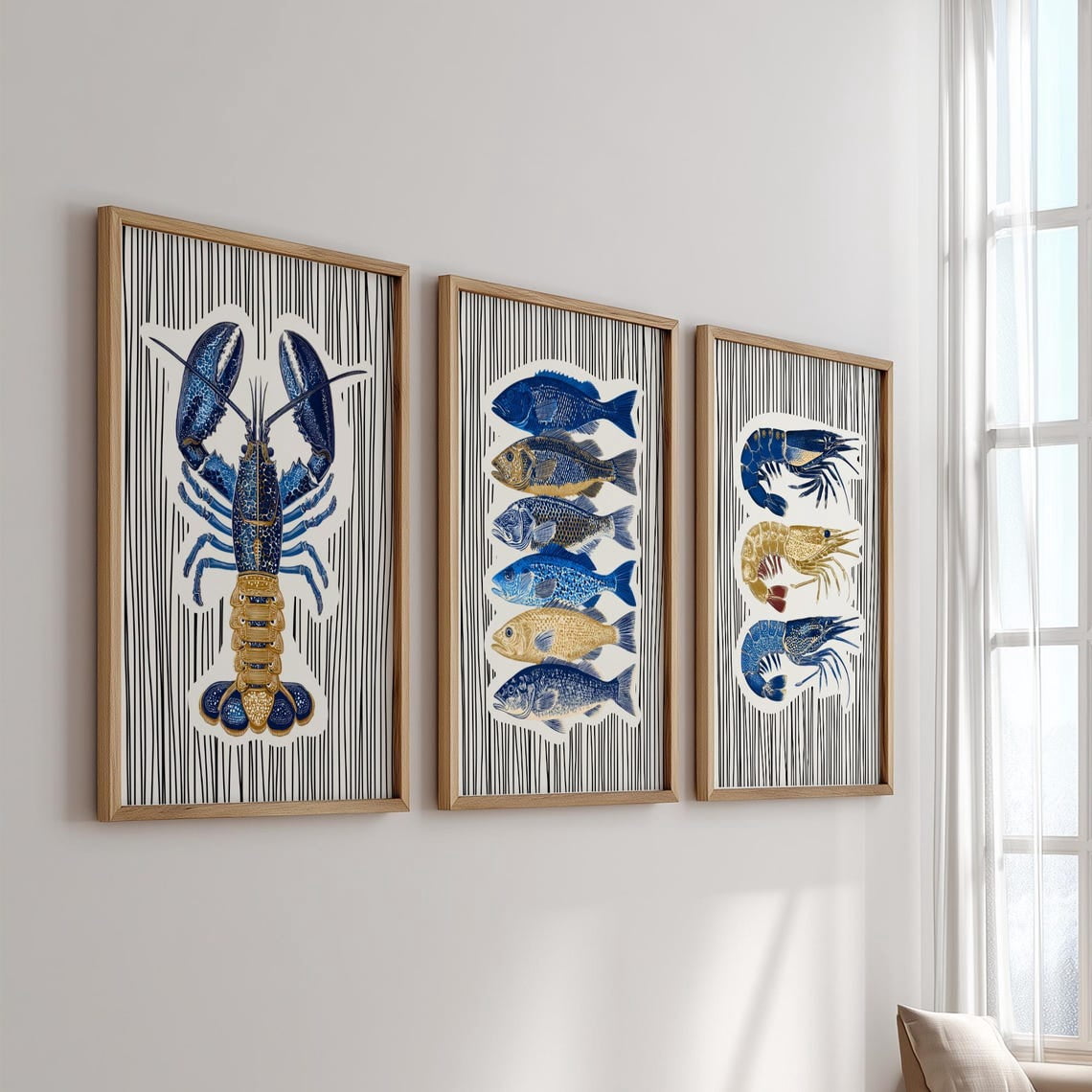 Set Of 3 Striped Coastal Seafood Wall Art Prints, Blue Gold, Lobster ...