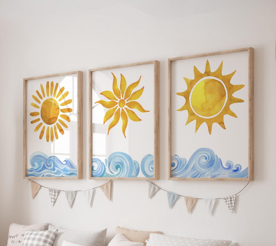 Set Of 3 Sun Ocean Waves Modern Boy Nursery Wall Art Prints, Bedroom ...