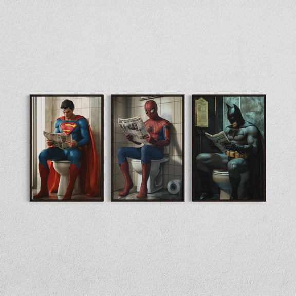 Set Of 3 Superhero Comic Book Wall Art Prints, Bathroom, Gallery Wall And Home Decor