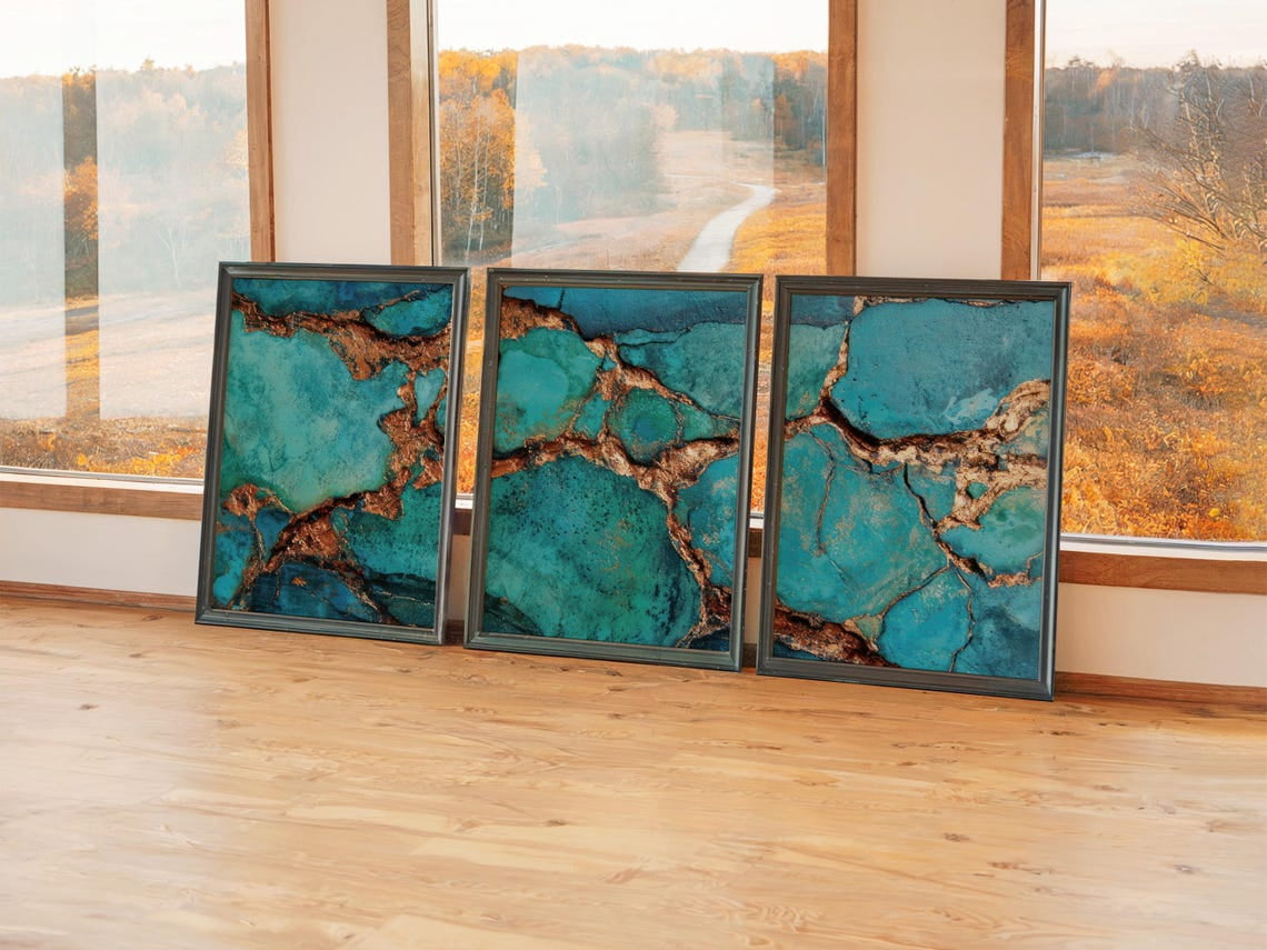 Set Of 3 Teal Bronze Wall Arts Fractured Earth Triptych Abstract ...
