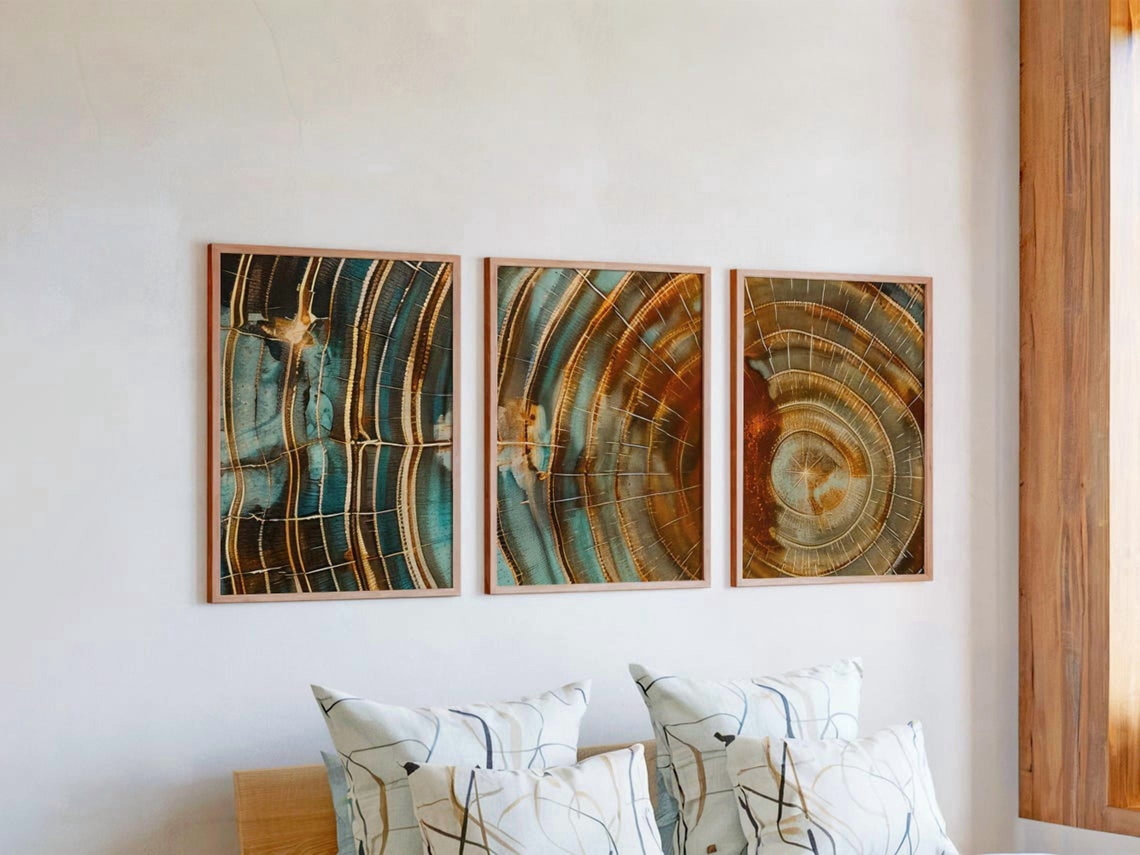 Set Of 3 Teal Brown Abstract Tree Ring Triptych Nordic Grain Modern ...