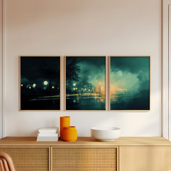 Set Of 3 Teal Foggy Street Wall Art Prints, Abstract Landscape, Travel Inspired Home And Office Decor