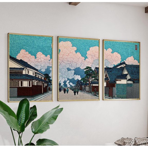 Set Of 3 Teal Pink Wall Art Prints, Japanese Street, Ukiyo E Style Triptych, Travel Inspired Home And Office Decor