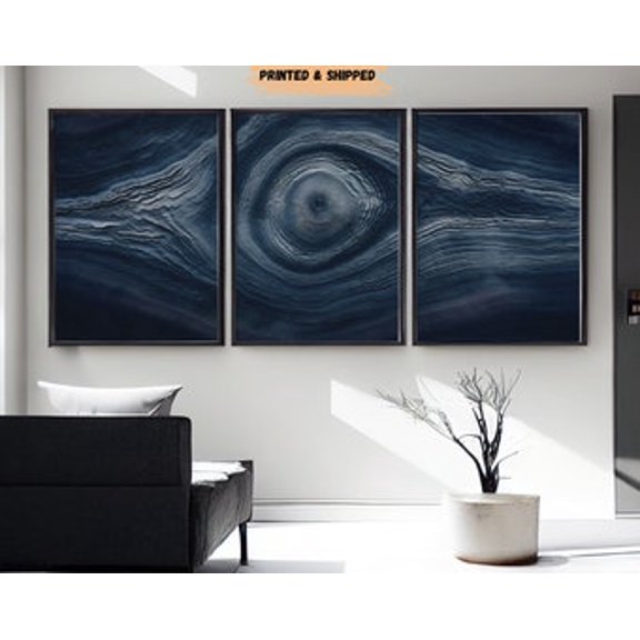 Set Of 3 Tree Slice Eye Shapes Abstract Wall Art Prints, Navy Blue Nordic, Black Boho Rings, Gallery, Modern Living Room And Office Decor