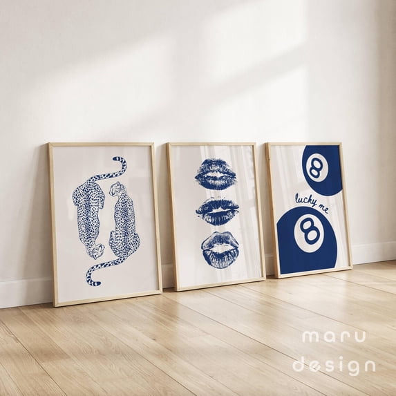 Set Of 3 Trendy Navy Blue Wall Art Prints, Cute Apartment, Girly Preppy ...
