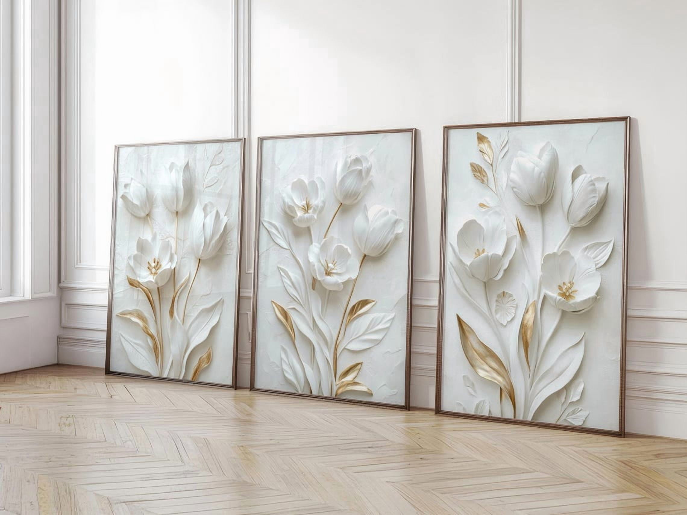 Set Of 3 Tulips Wall Art Prints, Bas Relief, Living Room, Gallery Wall ...