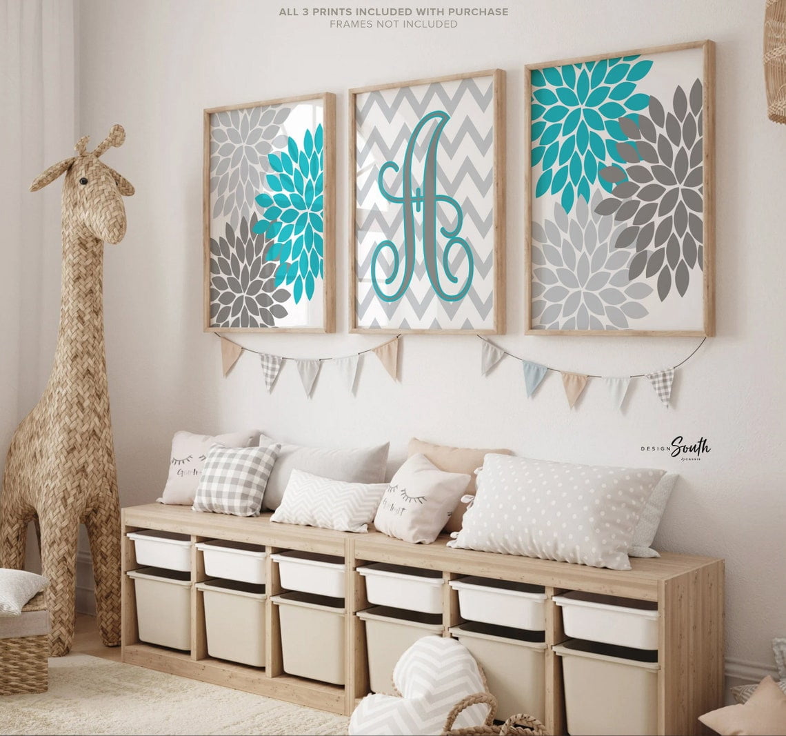 Set Of 3 Turquoise Dahlia Monogram Girls Nursery Wall Art Prints ...