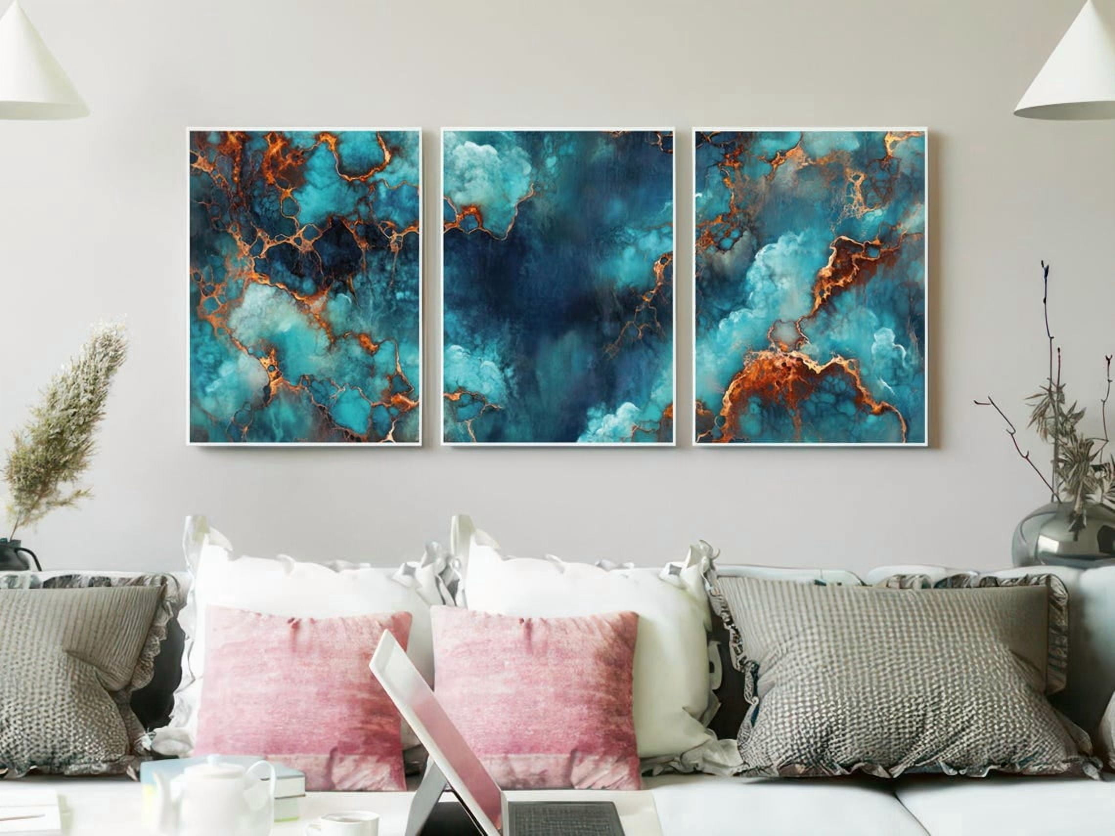Set Of 3 Turquoise Patina Arts Weathered Copper Texture Triptych Modern ...