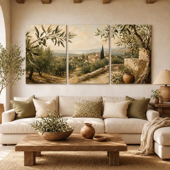 Set Of 3 Tuscany Olive Grove Wall Art Prints, Italian Countryside Dining Decor