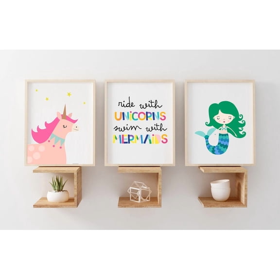 Set Of 3 Unicorn Unicorn Girls Room Decor Mermaid Print Unicorn Unicorn Prints Ride With Mermaids, Poster Only