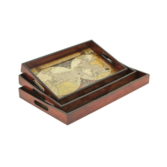 Set Of 3 Vintage Map And Wood Veneer Topped Storage Trays
