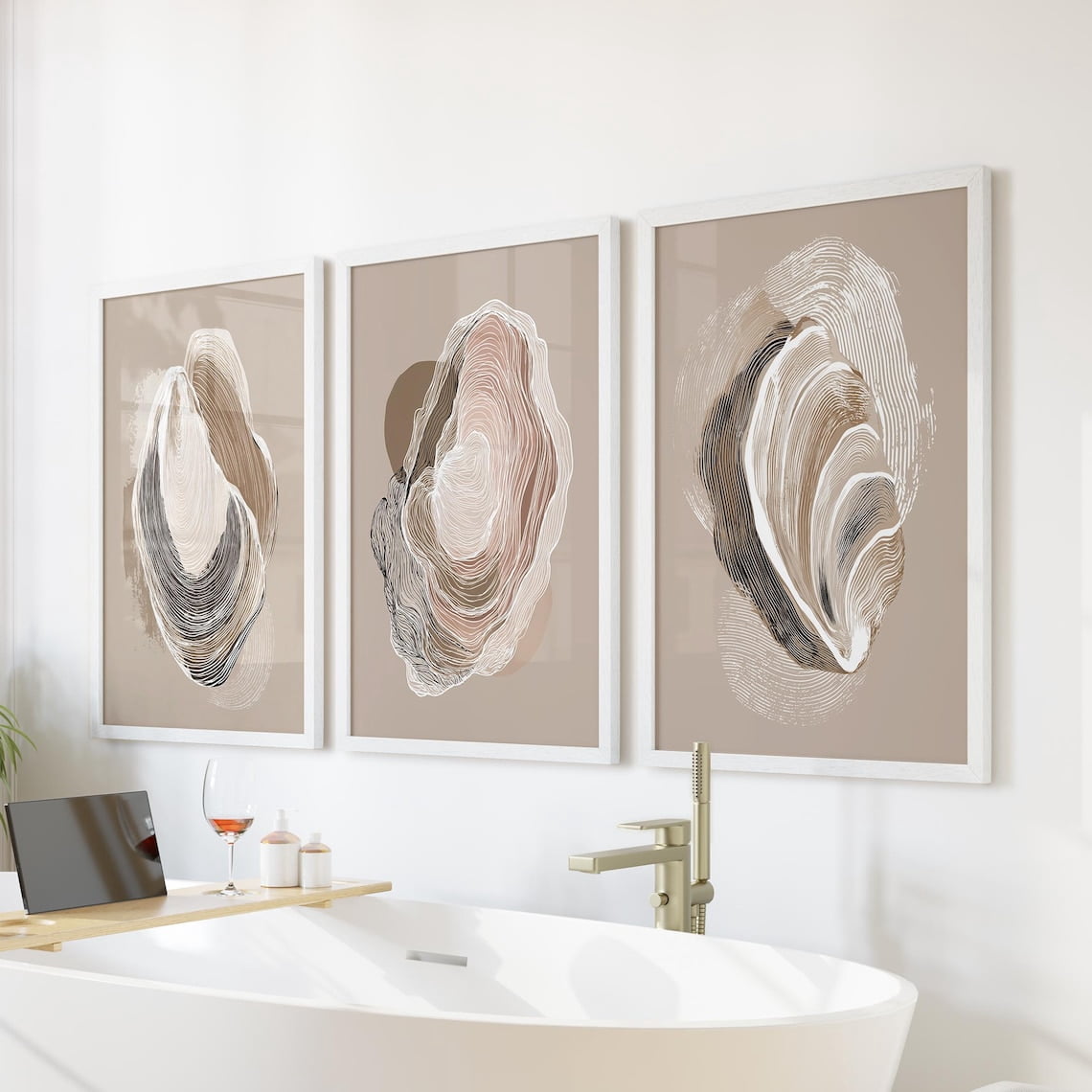 Set Of 3 Vintage Oyster Shell Sketch Neutral Beige Abstract Wall Art ...